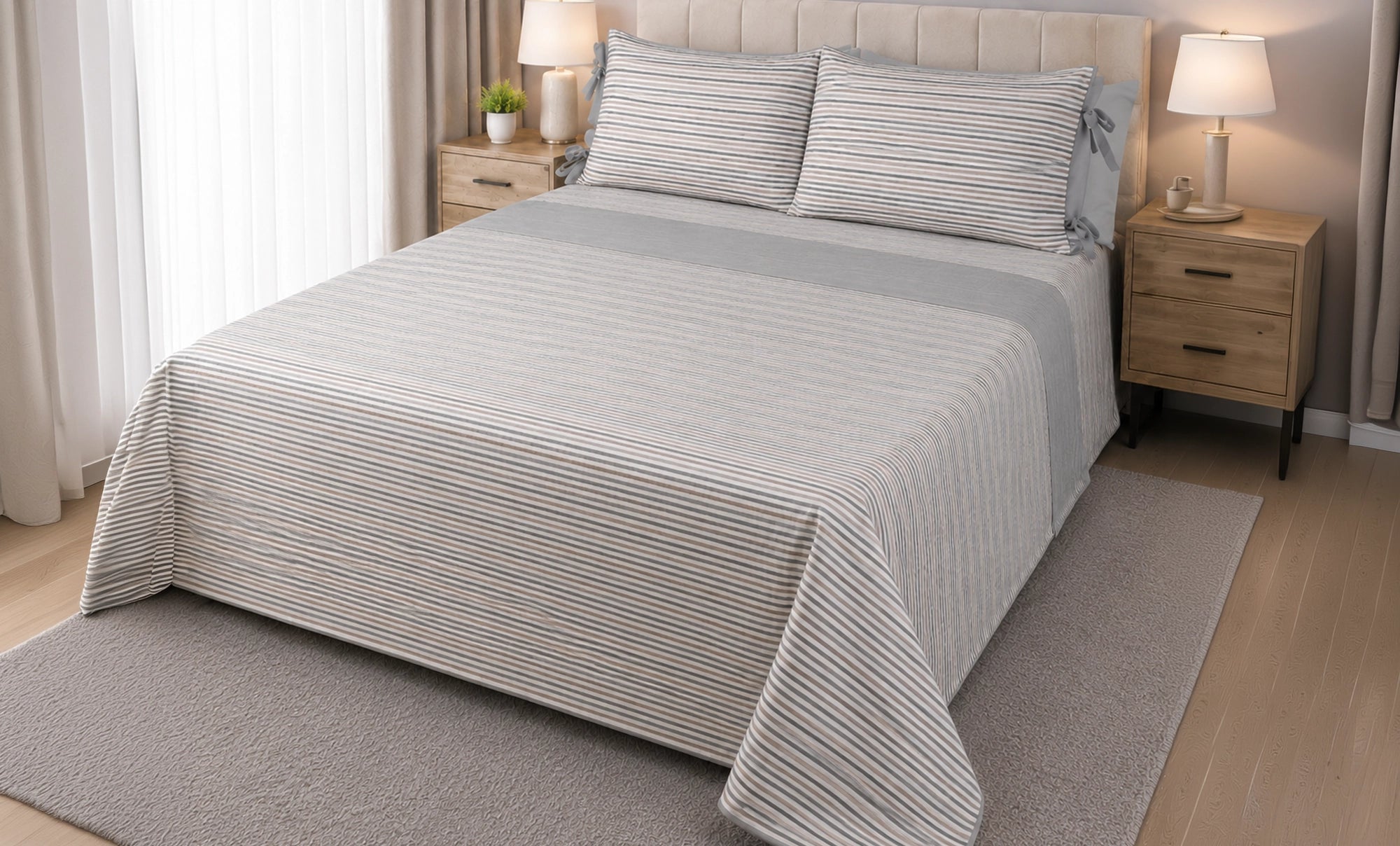 Printed Striped Double Bed Sheet Set 4 Pieces